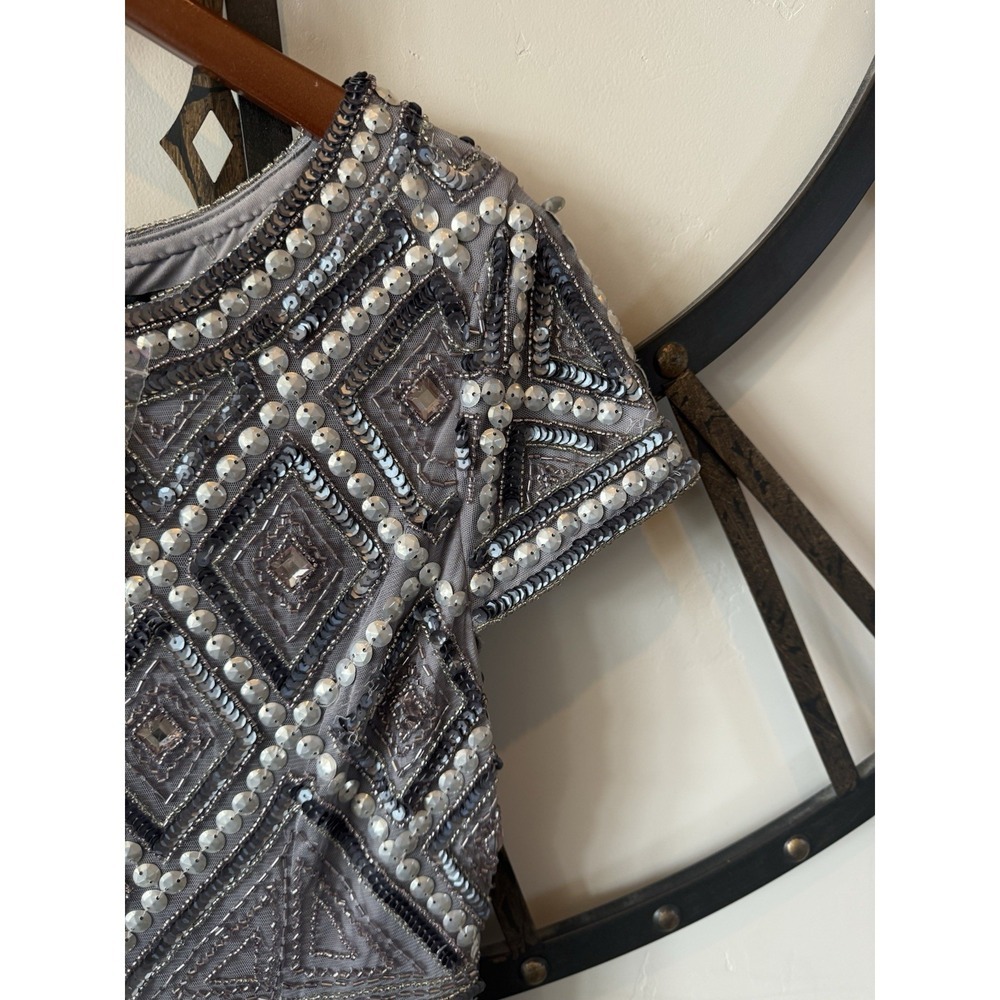 Adrianna Papell Gray Silver Beaded Sequin Sheath Dress 10P Short Sleeve dress - Picture 5 of 7